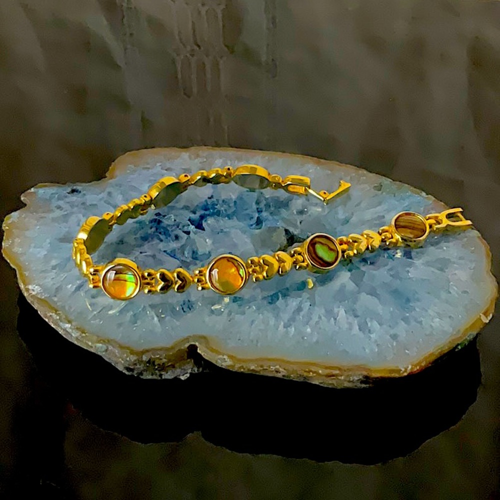 Gold Bracelet W/7 Bezel Set Abalone Shell Cabochons & Double Hearts